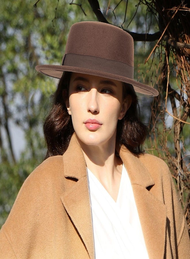 Mawjom Wide-Brim-Felt-Panama-Fedora-Hat with Flat-Top-Pork-Pie Cap for Women Men (Size:M) Coffee - Image 2